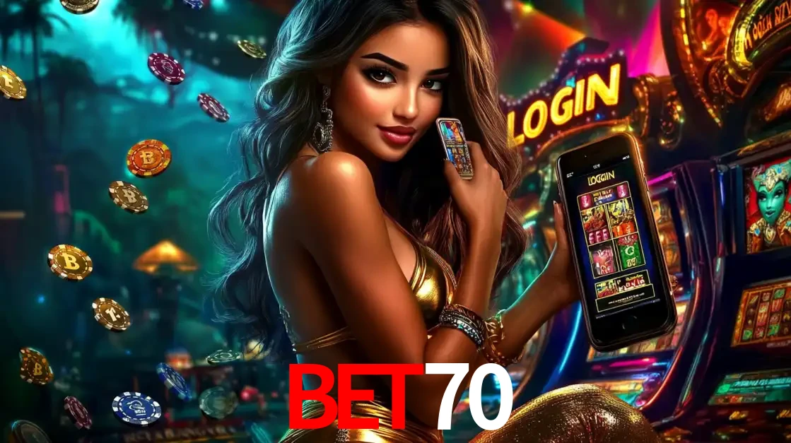 Mulher em um cenário de cassino temático de aventura, mostrando o app de caça-níqueis da bet70 no celular. Fichas de apostas flutuam ao redor.
