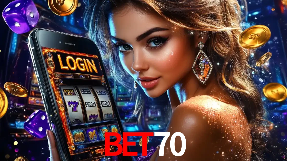 Mulher glamorosa segurando um smartphone com a tela de login para os jogos de caça-níqueis do cassino online bet70, com moedas de ouro e dados ao redor.