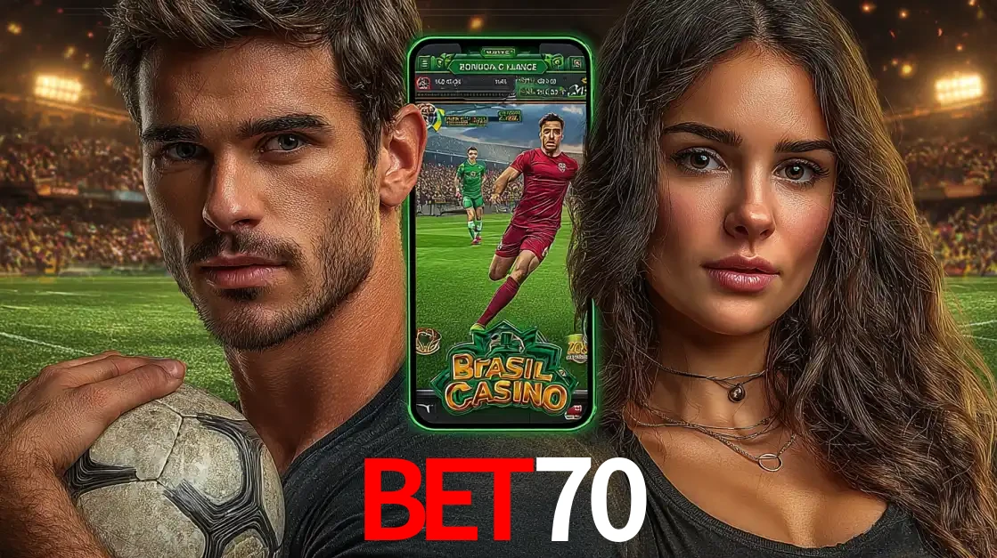 Homem segurando uma bola de futebol e uma mulher ao lado de um smartphone exibindo o jogo de apostas esportivas da bet70. Faça seu palpite no cassino online.